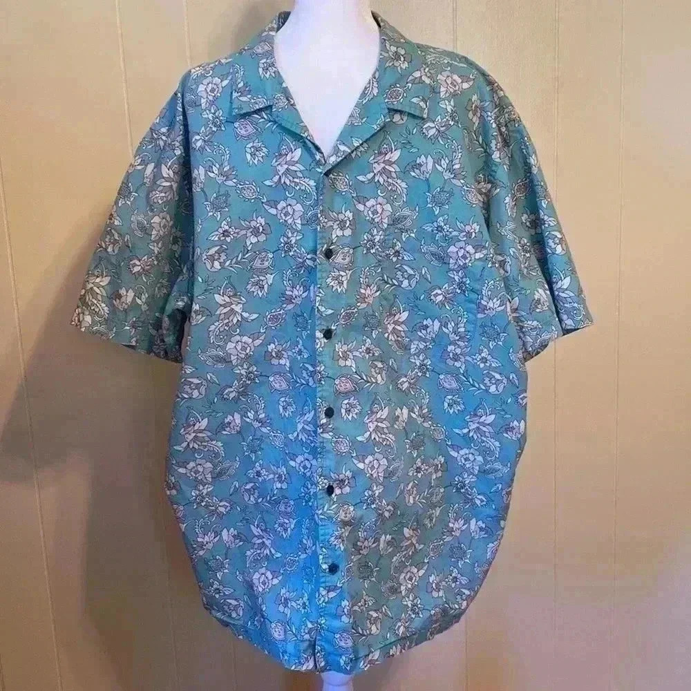 Tasso Elba Men’s Teal Floral Print Short Sleeve Button Front Shirt Size XXL.